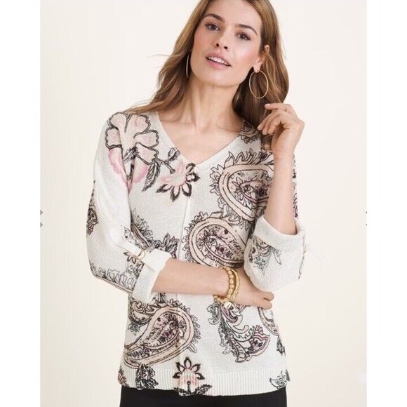 Chico's Sweaters - Chico's Sweater Size 2 Large White Paisley Print Bohemian 3/4 Sleeve Rolled Knit